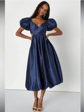 Lulus Navy Blue Exceptionally Charming Cutout Puff Sleeve Midi Dress Sz M